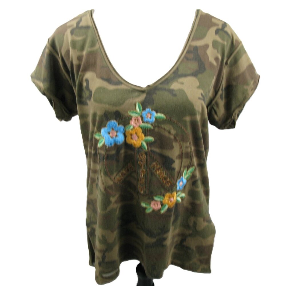 Jaded Gypsy Embroidered Peace Sign Camo Distressed Knit Top Size S/M